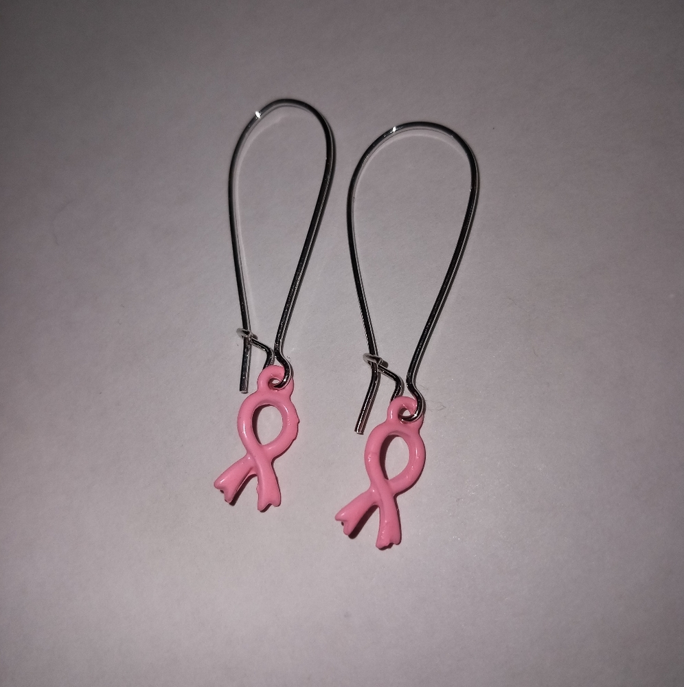 Breast cancer awareness survivor ribbon silver statement earrings hand crafted